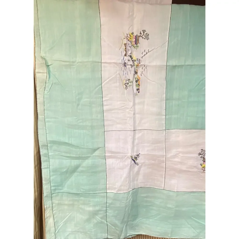 Vintage Chinese Linen Card Table Cloth Petit Embroidery Work 48x48